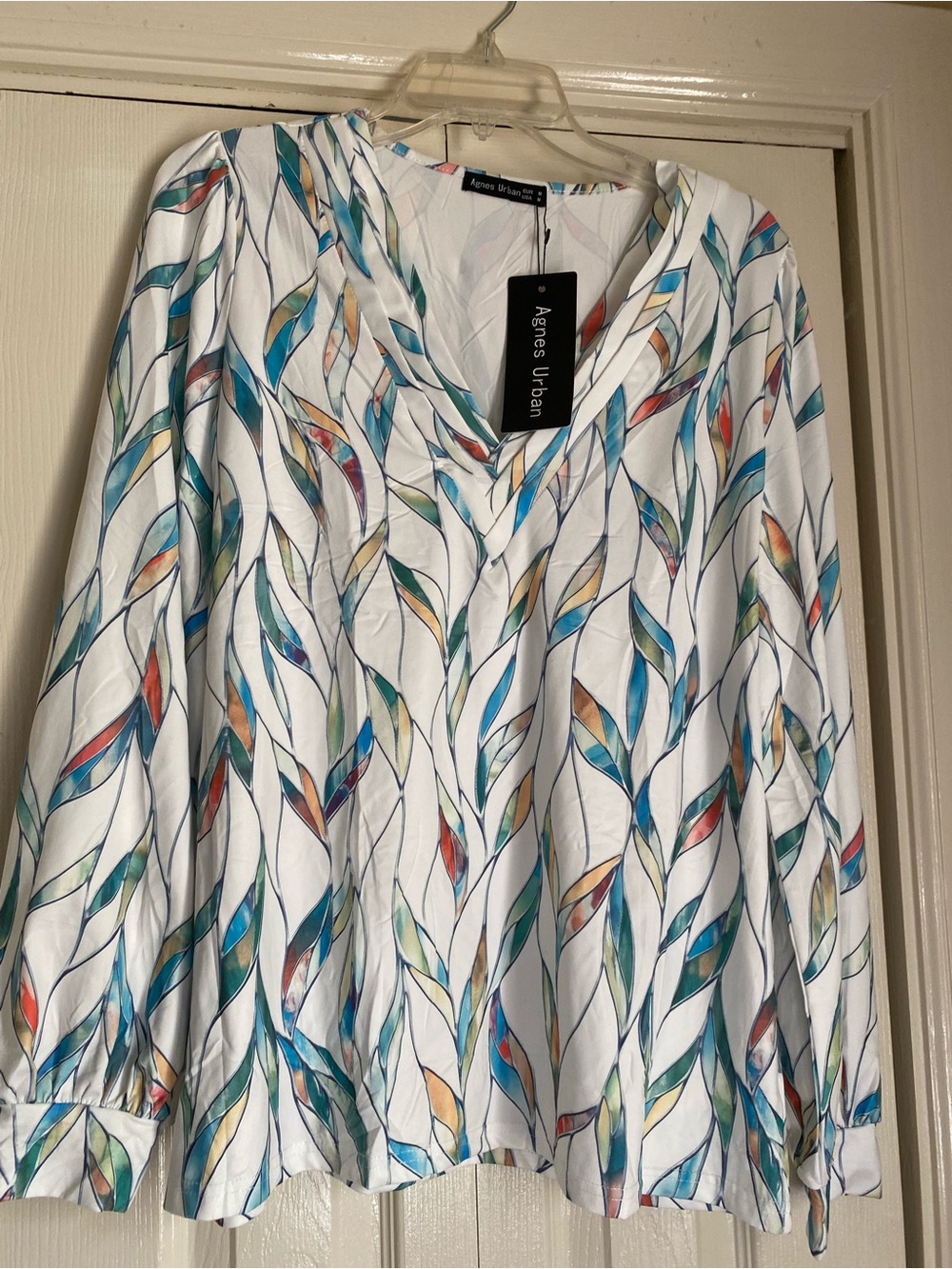 White V-Neck Leaf-Print Blouse